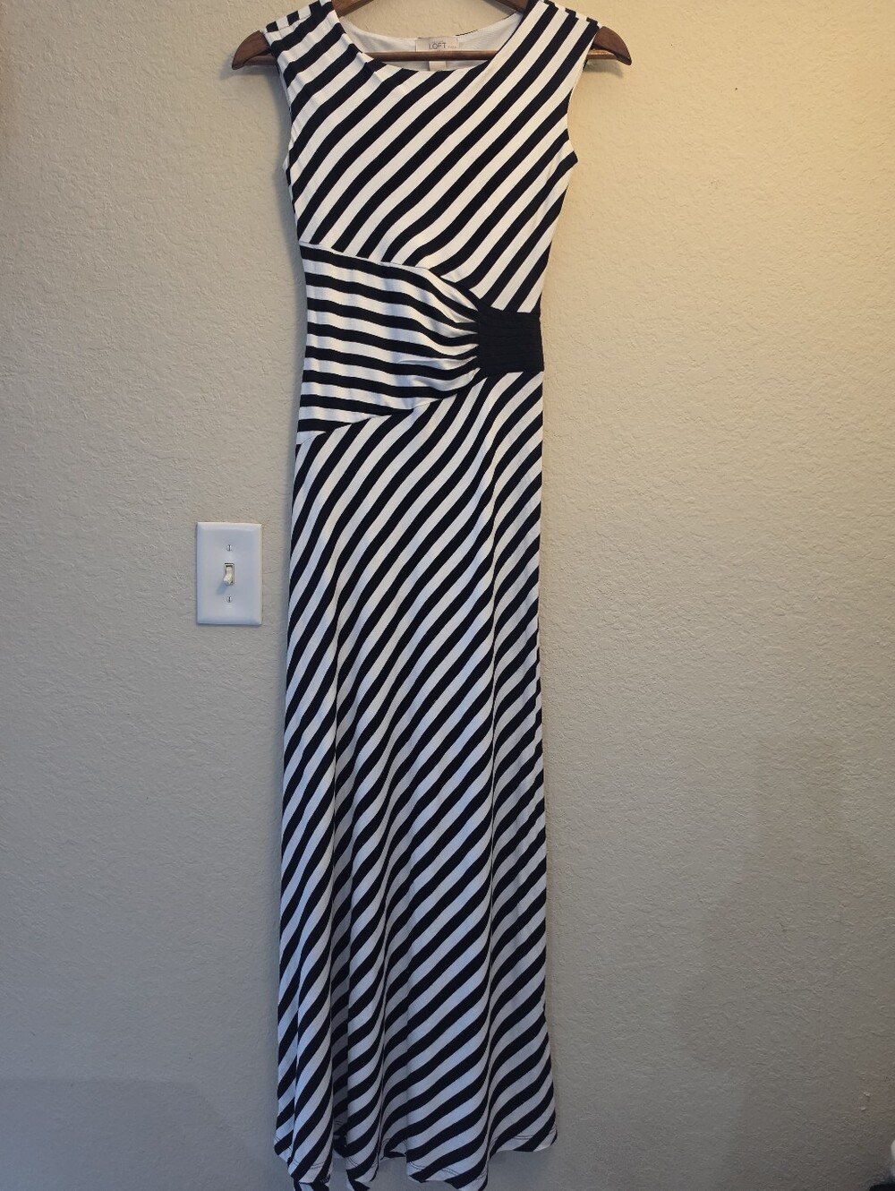 NWT Loft Maxi Dress XXSP Black‎ White Stripe Asymmetrical Ruched Waist Classic